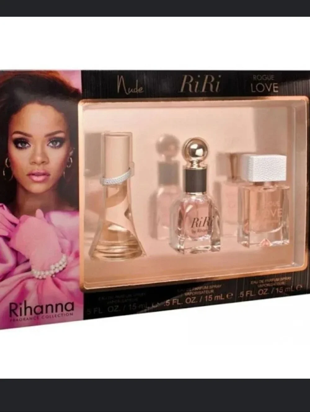 Rihanna 3-pc Set features mini bottles of Nude, RiRi, and Rogue Love